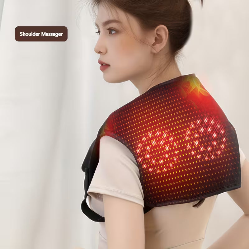 USB-powered portable shoulder and neck massager with heat and vibration therapy by TEMU, showing the device on a person's shoulders.