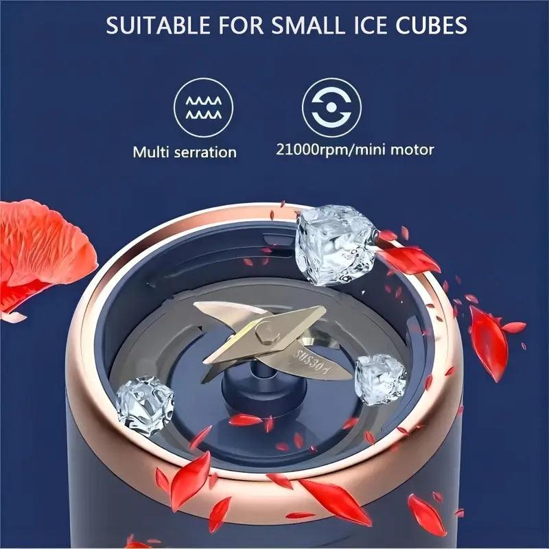 Portable TEMU USB smoothie blender cup with six blades, compact design for fresh smoothies on the go.
