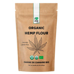 Organic hemp flour from ILOVEME in a 445g bag, showing the natural, earthy texture of the gluten-free, plant-based product.