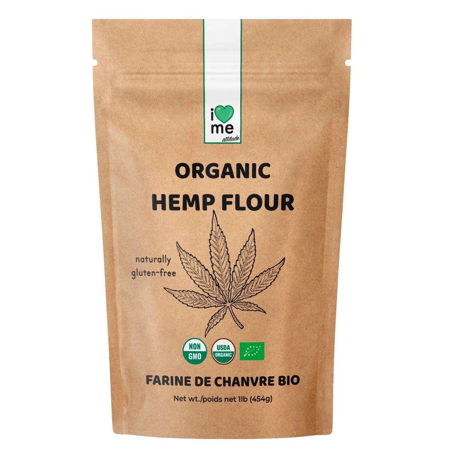 Organic hemp flour from ILOVEME in a 445g bag, showing the natural, earthy texture of the gluten-free, plant-based product.