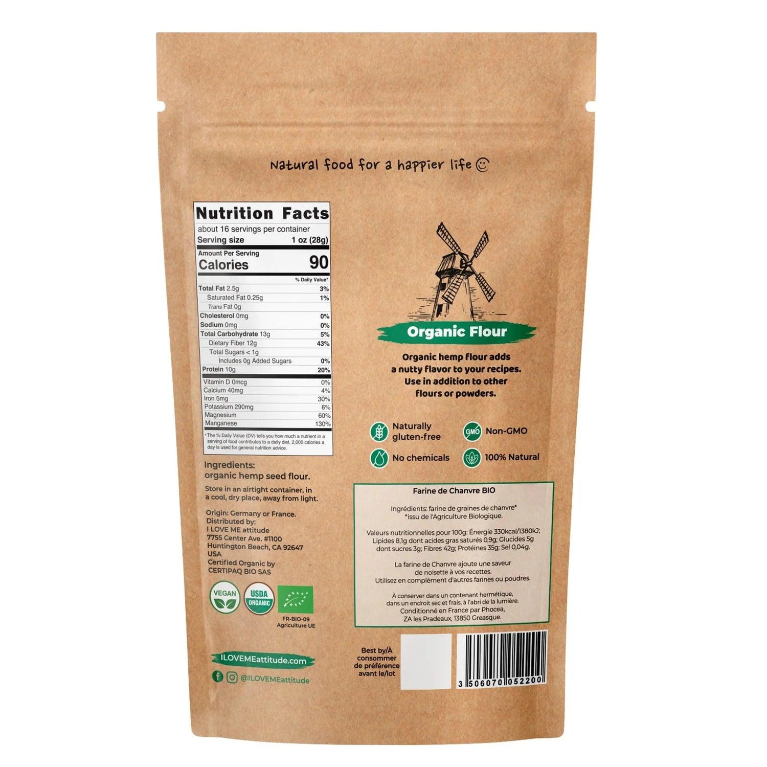 Organic hemp flour by ILOVE ME, 445g, in a bag showing natural hemp seed texture and branding on the packaging.