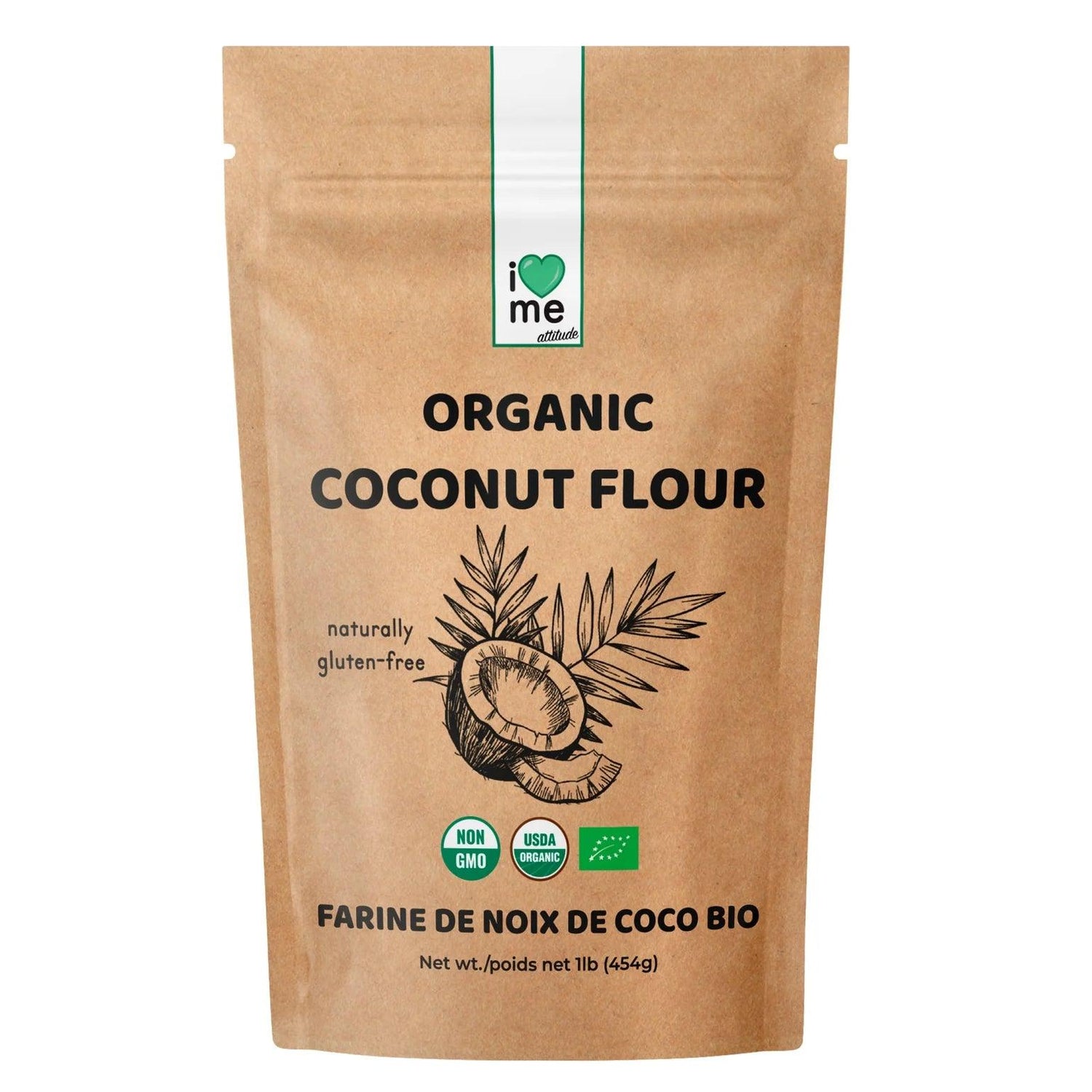 Organic coconut flour by ILOVE ME in a 455g package, shown in a natural and clean setting, highlighting the product's texture.