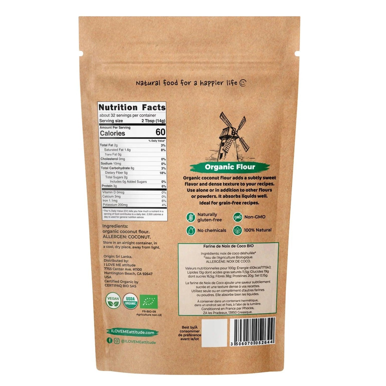 Organic coconut flour by ILOVE ME, 455g, in a resealable bag, showing the natural, finely ground coconut flour inside.