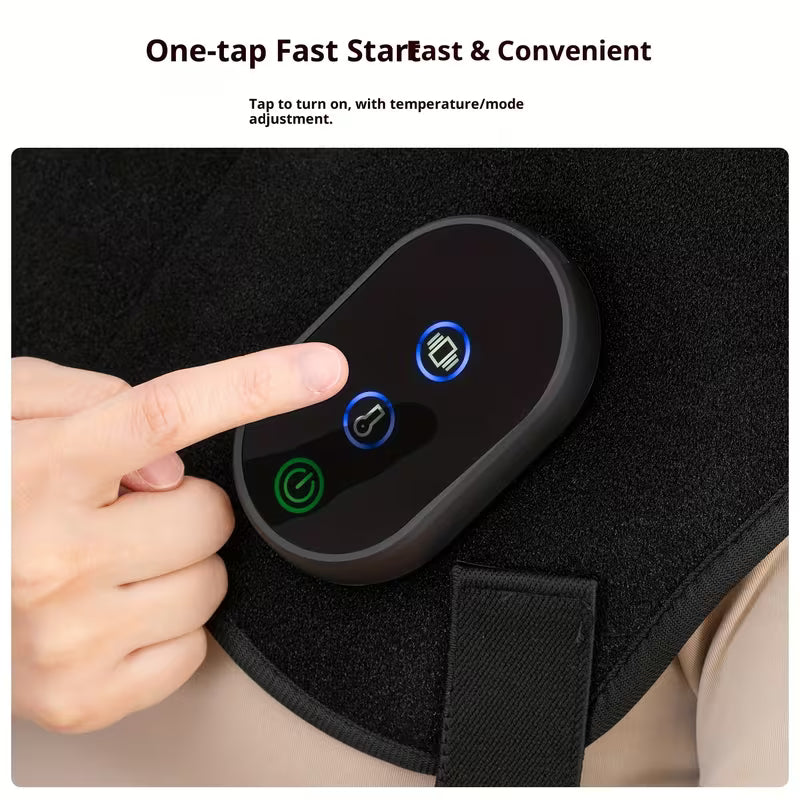 USB-powered portable shoulder and neck massager by TEMU with heat and vibration therapy, shown on a user’s shoulders.