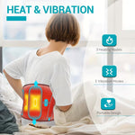 TEMU cordless heated massage belt with lumbar support, showing USB-rechargeable back massager with heat and vibration controls.