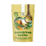 Organic fenugreek powder in a 200g container from CUPPLEMENT superfood brand, shown in a close-up image with a natural texture and color.