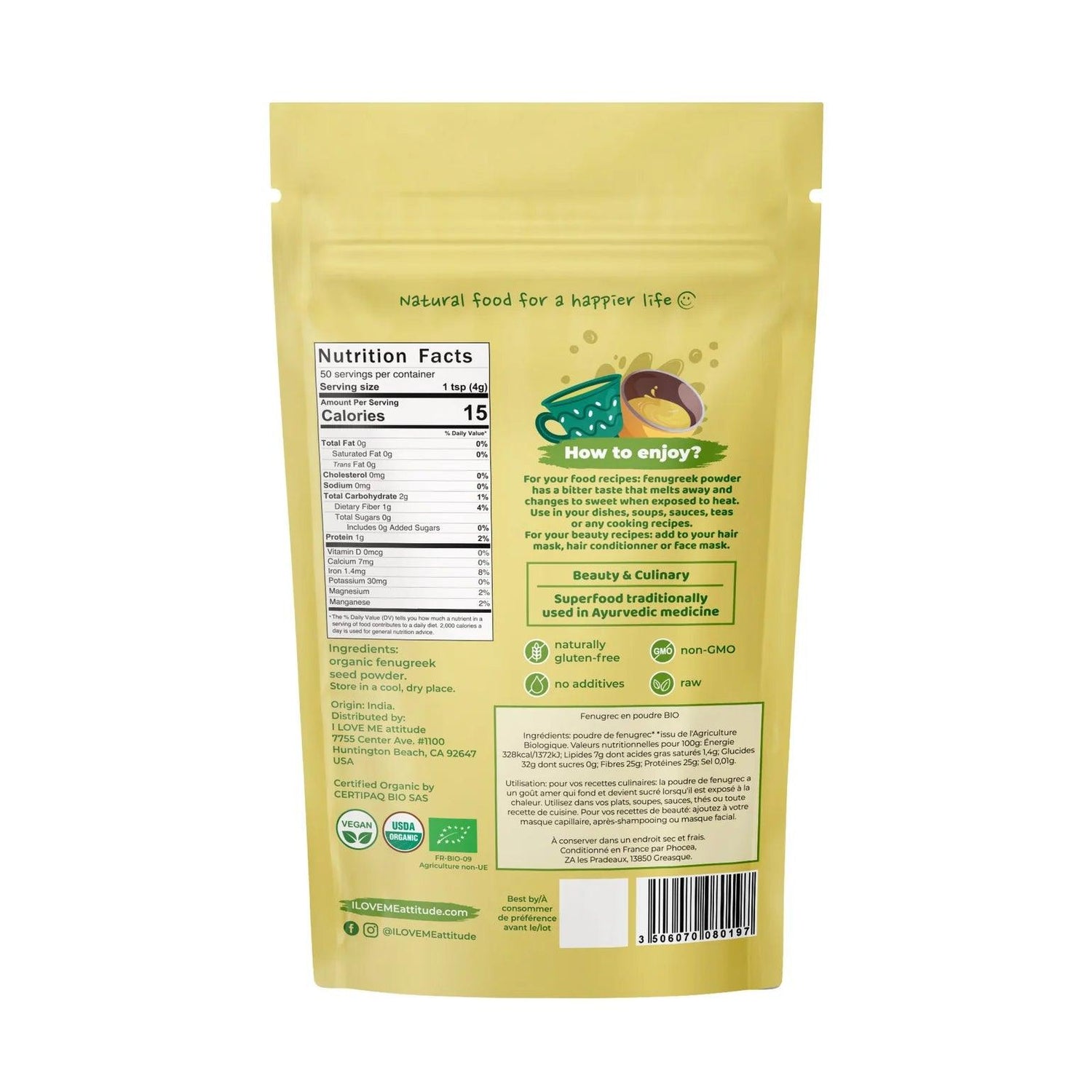 Organic fenugreek powder superfood by Cupplement in a 200g package, shown in a clear image highlighting the powder's texture.