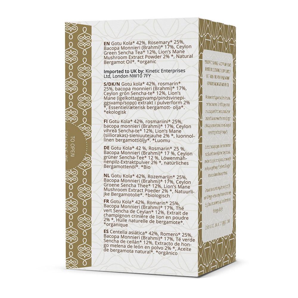 Herbalistas RA Hygge BIO Focus Fusion green tea with Lion's Mane in a box of 16 tea bags, showing the back of the packaging.