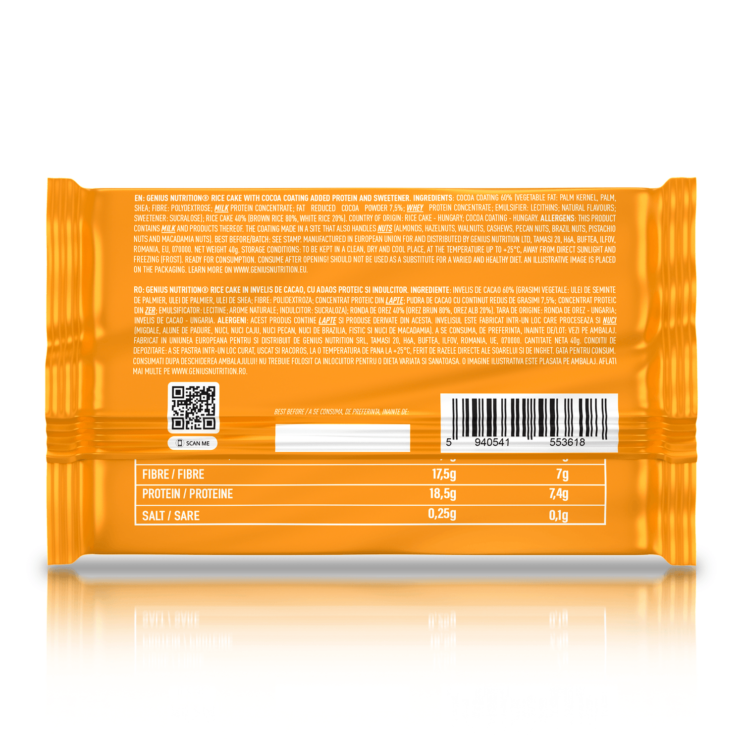 Genius Nutrition rice cake energy snack, 40g coconut flavor, showing a white background with rice cake and packaging details.