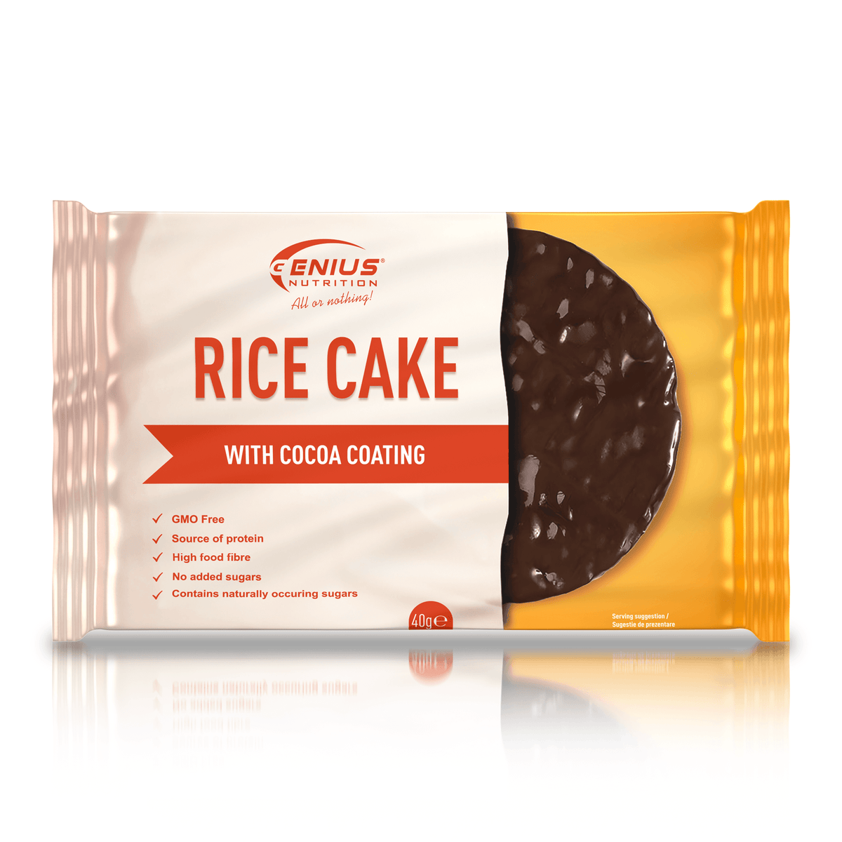 Genius Nutrition rice cake snack, 40g energy food supplement with coconut flavor, on a white background.
