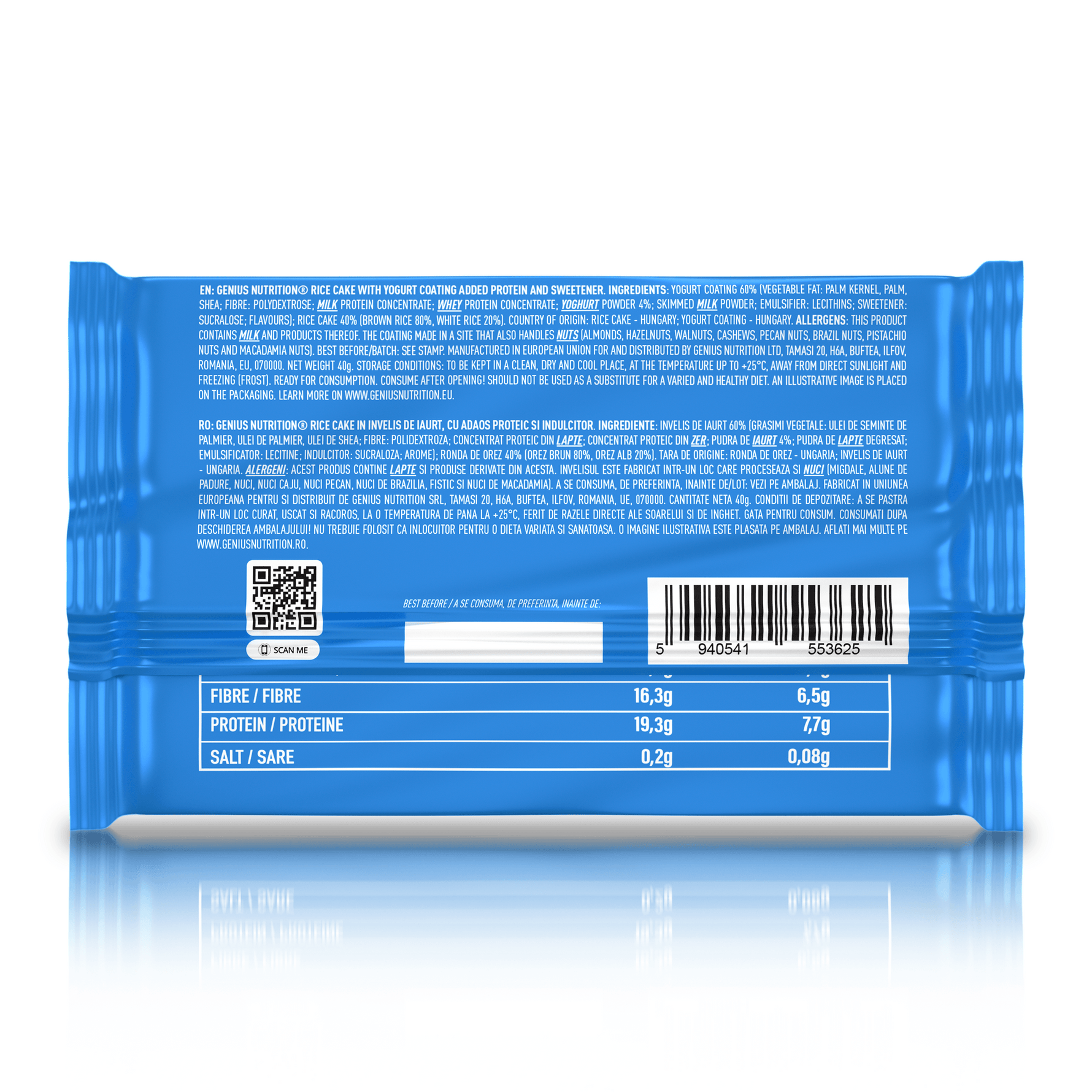 Genius Nutrition 40g rice cake energy snack with yogurt flavor, shown as a packaged food supplement in the image.