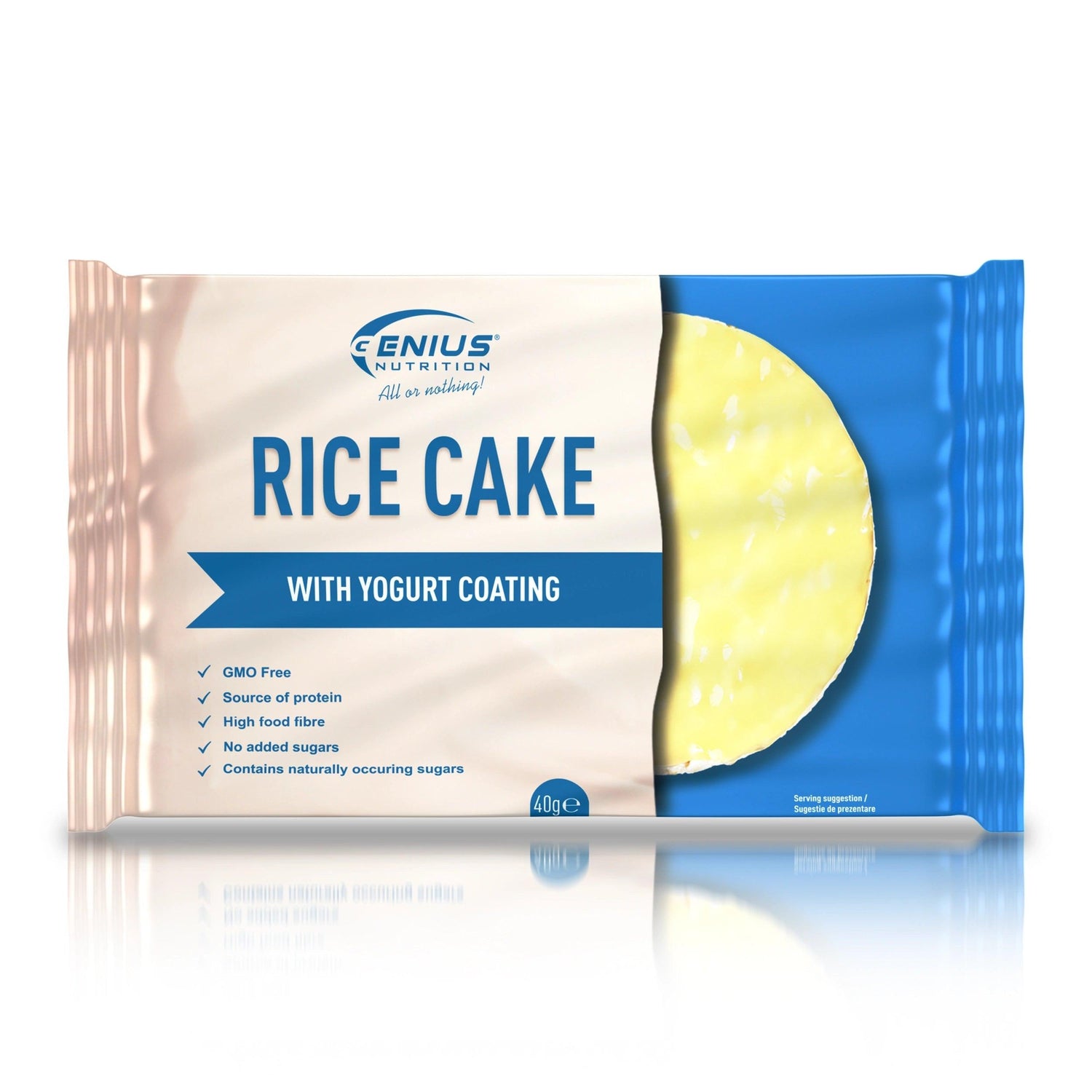 Genius Nutrition Rice Cake 40g, energy snack with yogurt flavor, white background, crispy and nutritious food supplement.