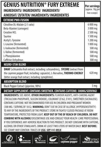 Genius Nutrition Fury Extreme energy supplement 400g container with orange and black label, ready for intense workouts