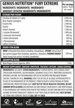 Genius Nutrition Fury Extreme energy supplement 400g container with orange and black label, ready for intense workouts