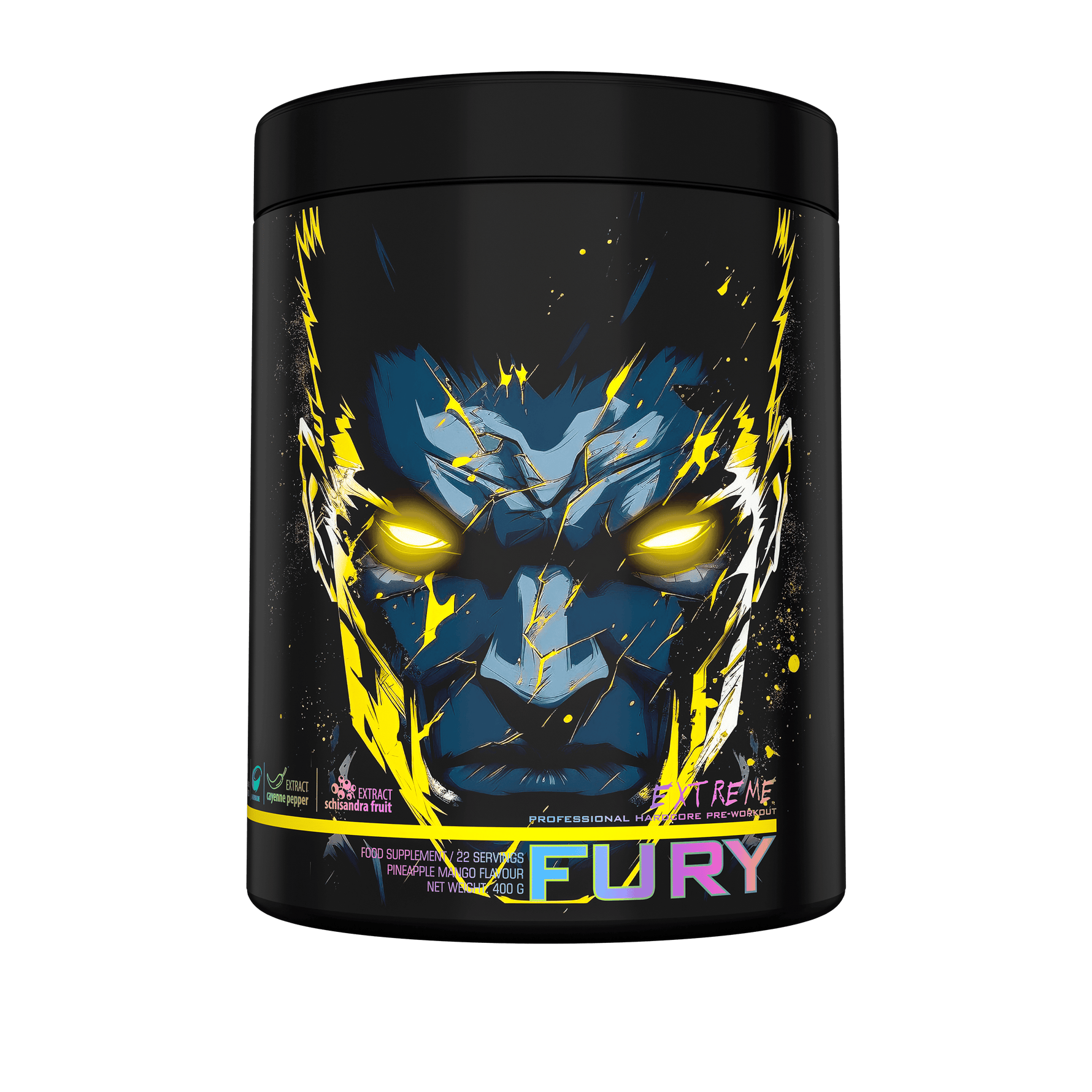 Fury Extreme energy food supplement by Genius Nutrition in mango pineapple flavor, 400g package.