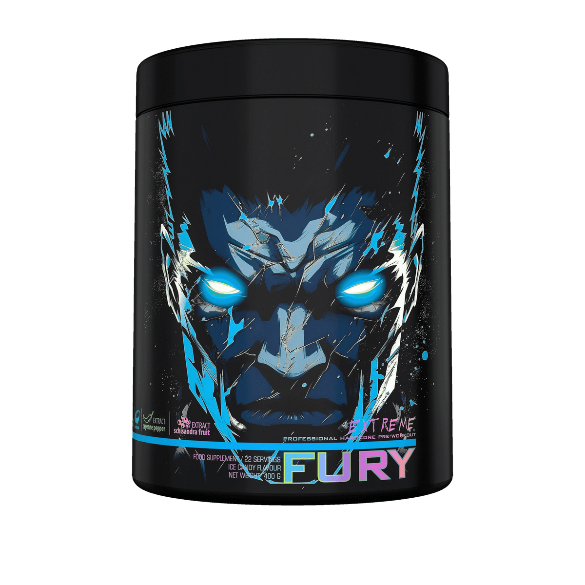 Fury Extreme Genius Nutrition energy supplement in 400g container, featuring vibrant packaging and product label.