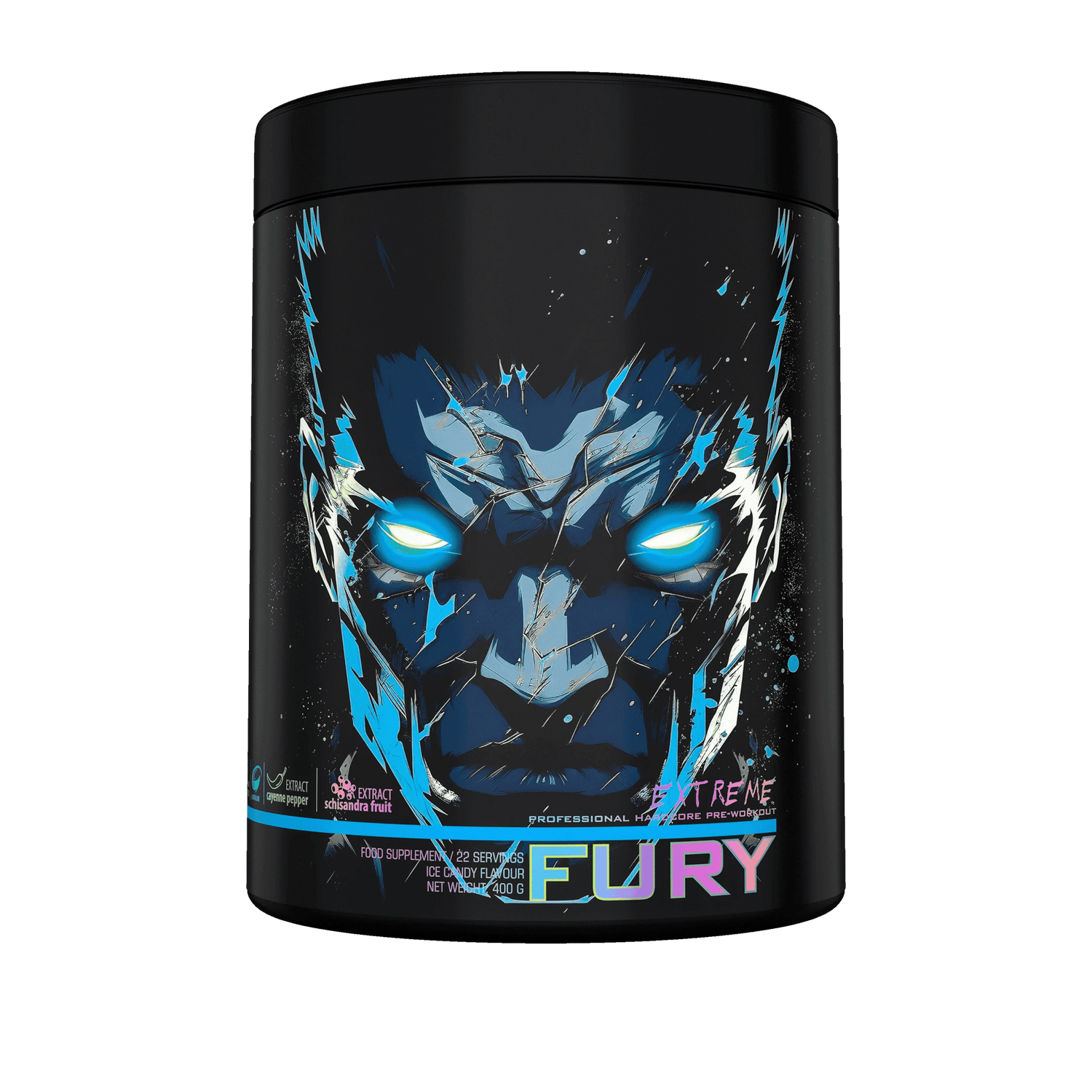 Fury Extreme Genius Nutrition energy supplement in 400g container, featuring vibrant packaging and product label.