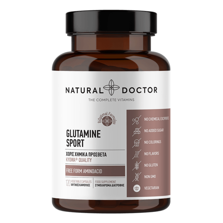 VITAREA Natural Doctor Glutamine Sport supplement bottle with 120 veg caps, dietary supplement for athletic support.