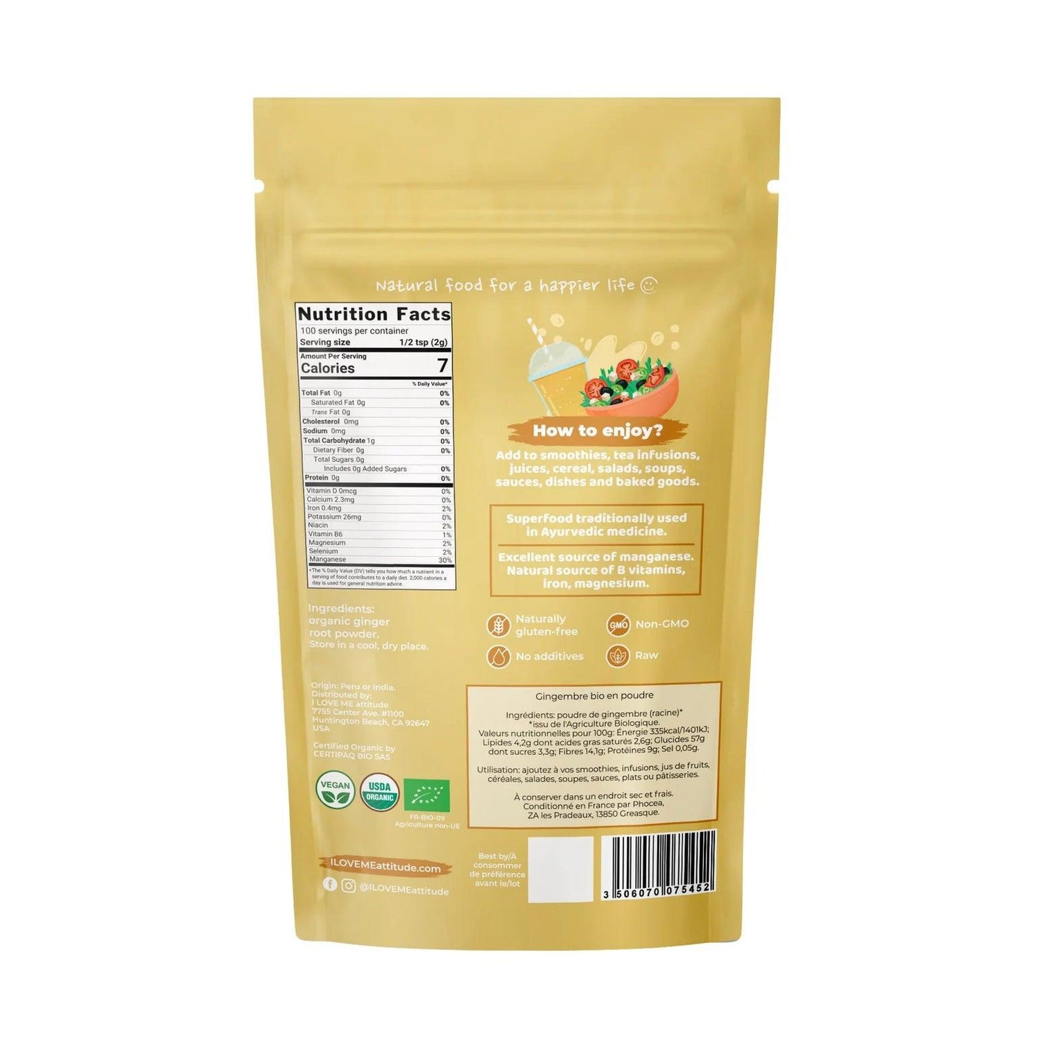 Organic ginger powder by ILOVEME in a 200g package, showing the fine, fresh ginger powder inside a clear container.