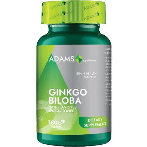 Adams Supplements Ginkgo Biloba 180-count bottle showing green and white capsules for cognitive health support.