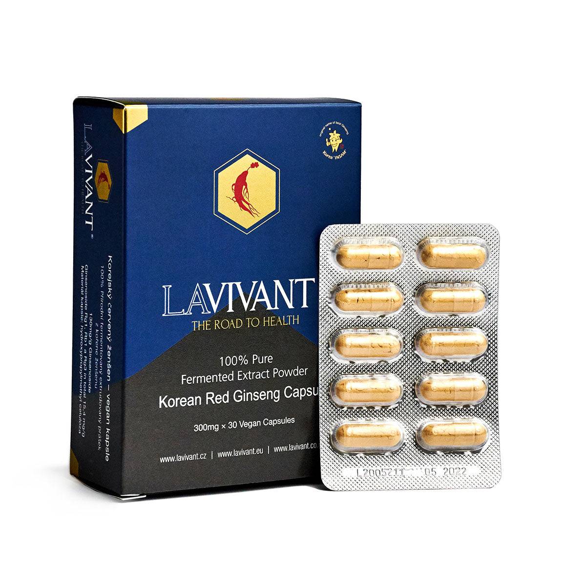 Blue box of Lavivant Korean fermented red ginseng extract vegan capsules by OLD PRODUCTS, showing 30 capsules of 130mg each