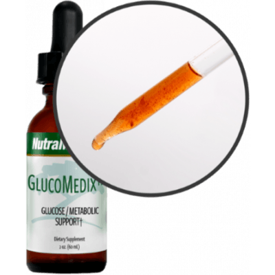 SENTOSA Nutramedix GlucoMedix diabetes control supplement bottle with label and supplement capsules on a white background.