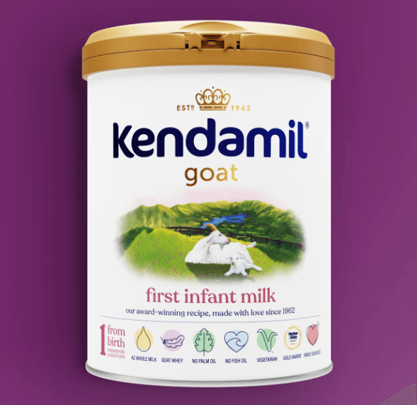 Kendamil Goat First Infant Milk Stage 1 formula in a can, designed for newborns, with a label showing goat milk ingredients.