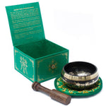 Green Tara Singing Bowl set by AW GIFTS, 10cm, 380g, designed as a calming drink accessory with vibrant green finish.