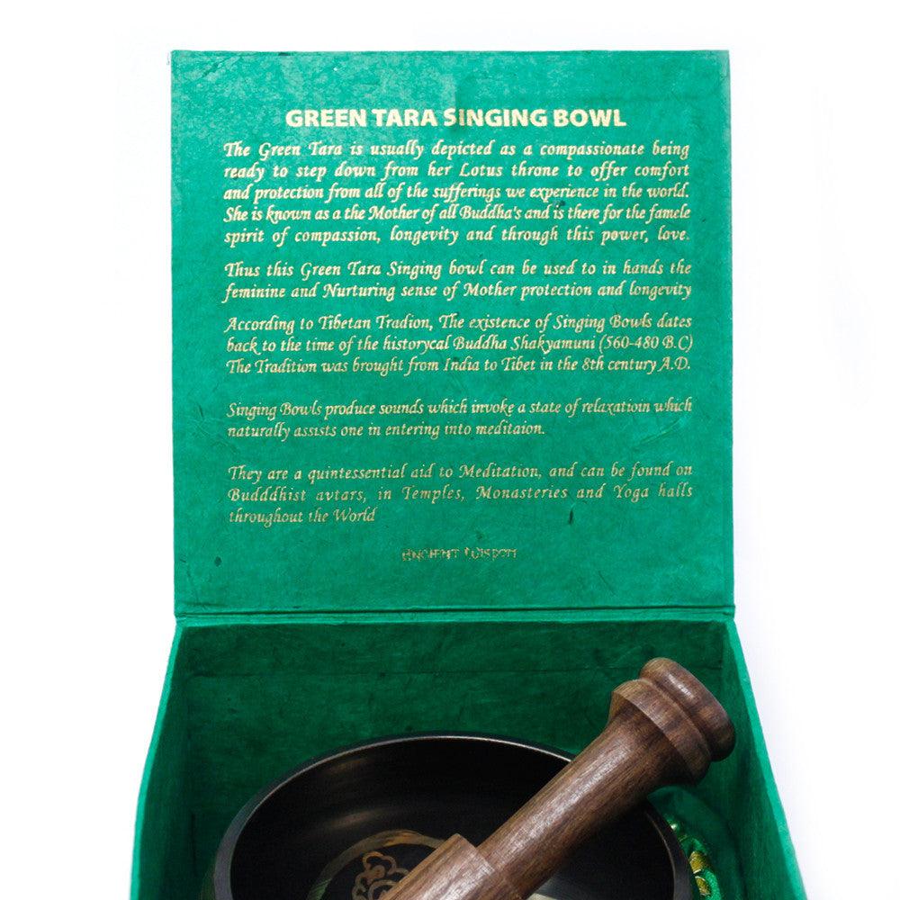Green Tara singing bowl set by AW GIFTS, 10cm diameter, made of 380g metal, used as a spiritual or decorative drink accessory.