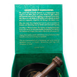 Green Tara singing bowl set by AW GIFTS, 10cm diameter, made of 380g metal, used as a spiritual or decorative drink accessory.