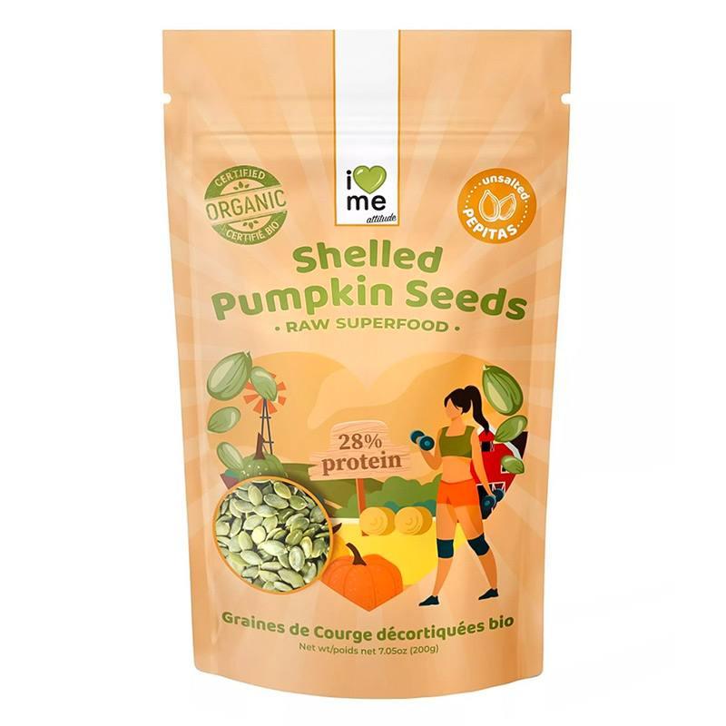 Organic pumpkin seeds from ILOVE ME superfood brand, 200g package, showing fresh, green pumpkin seeds in a clear bowl.