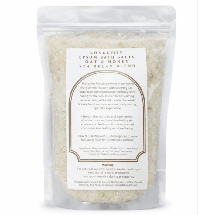Green and white packaging of AW GIFTS Longevity Oat & Honey Epsom Bath Salt Spa Relax Blend with natural ingredients and relaxing spa theme.