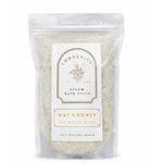 Green bath salt container labeled Longevity Oat & Honey Epsom Bath Salt by AW GIFTS, featuring natural ingredients and a calming spa design.