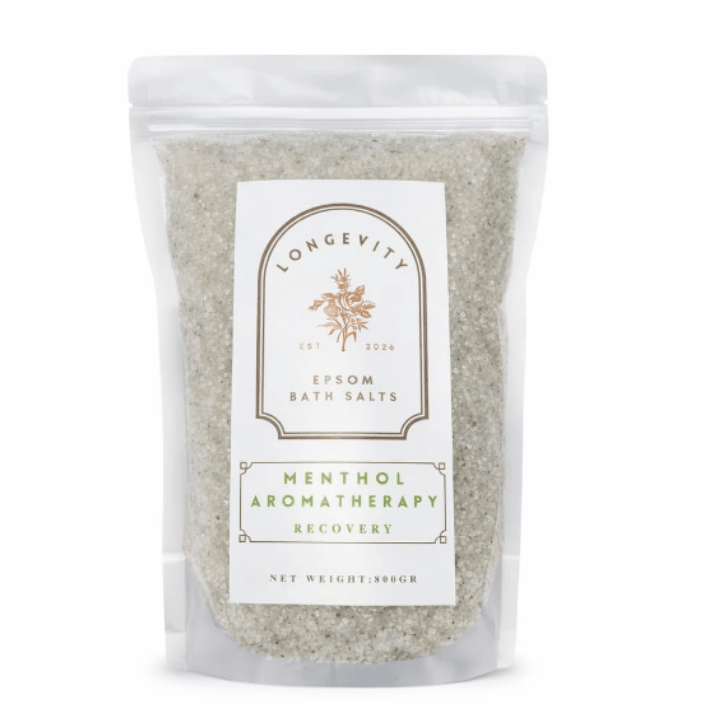 Green Epsom bath salts labeled Longevity Menthol Aromatherapy Recovery by AW GIFTS, with fresh green and white packaging.