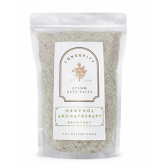 Green Epsom bath salts labeled Longevity Menthol Aromatherapy Recovery by AW GIFTS, with fresh green and white packaging.