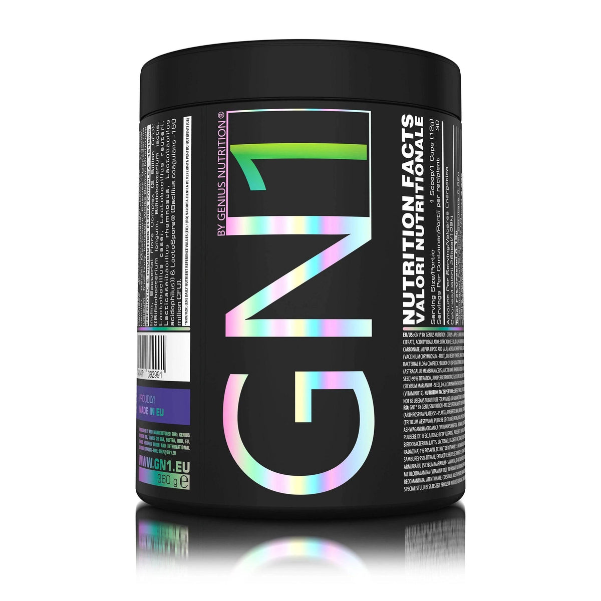 Genius Nutrition GN1 supplement in 360g container with apple citrus flavor, featuring green and white packaging and fresh fruit imagery