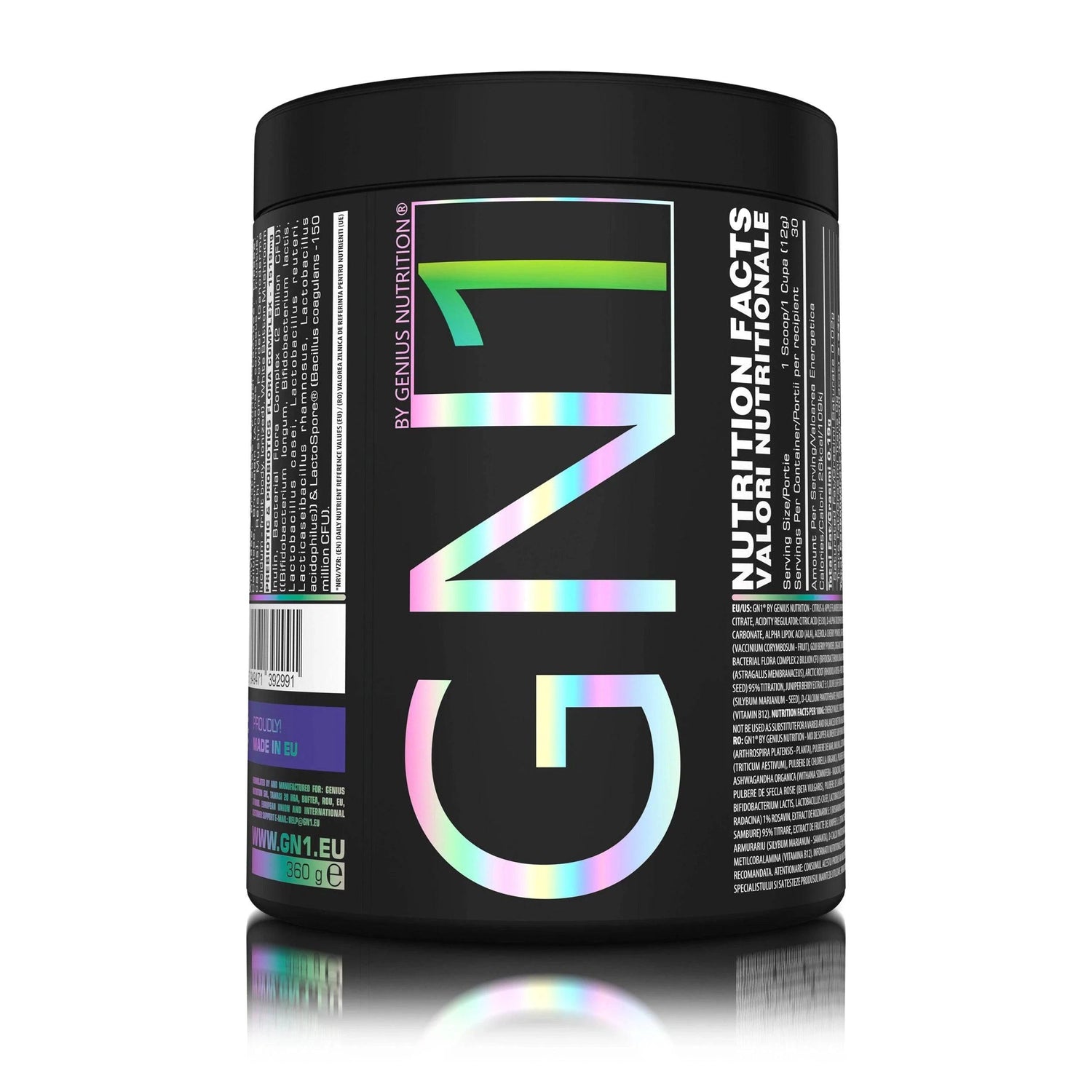 Genius Nutrition GN1 supplement in 360g container with apple citrus flavor, featuring green and white packaging and fresh fruit imagery