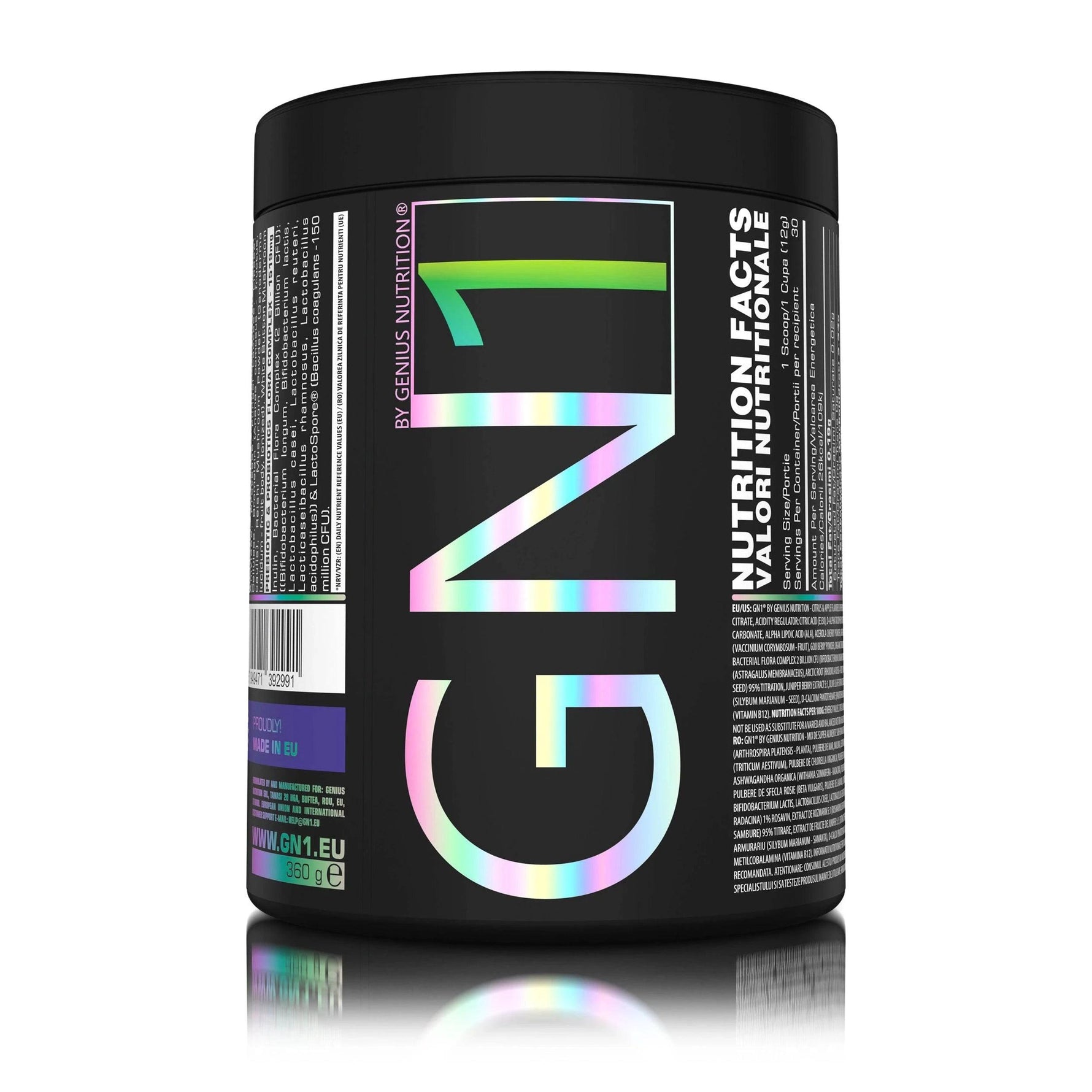 Genius Nutrition GN1 supplement in 360g container with apple citrus flavor, featuring green and white packaging and fresh fruit imagery