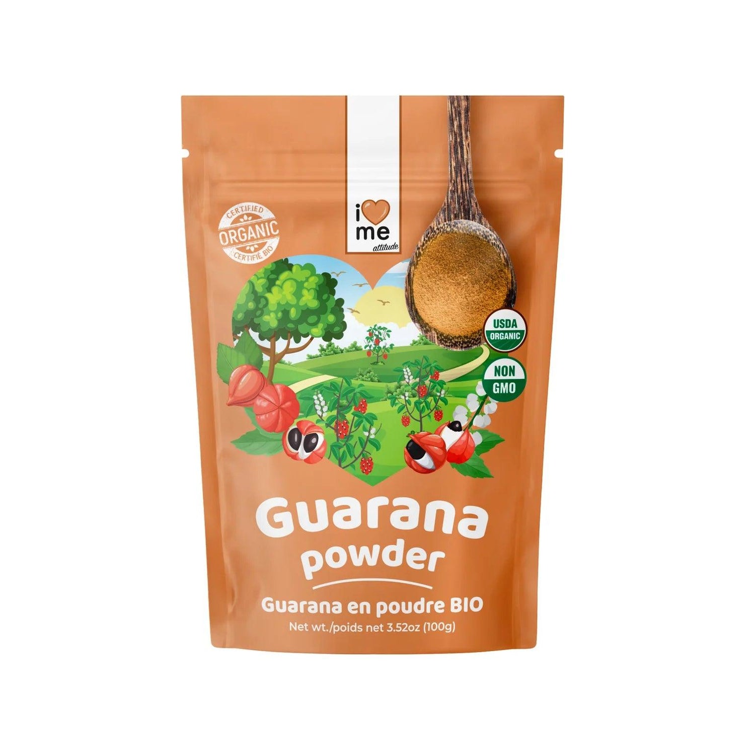 Organic Guarana Powder by ILOVEME in a 100g package, showing the green and white label on the ILOVEME branded pouch.