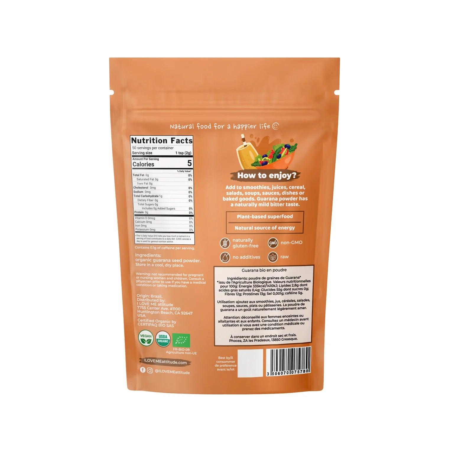 I Love Me organic Guarana powder in a 100g package, natural energy-boosting supplement from ILOVEME.