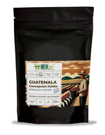 Green Guatemala Concepcion Huista Coffee from LA TOSTERIA, 250g, showing fresh green coffee beans in a rustic bag.