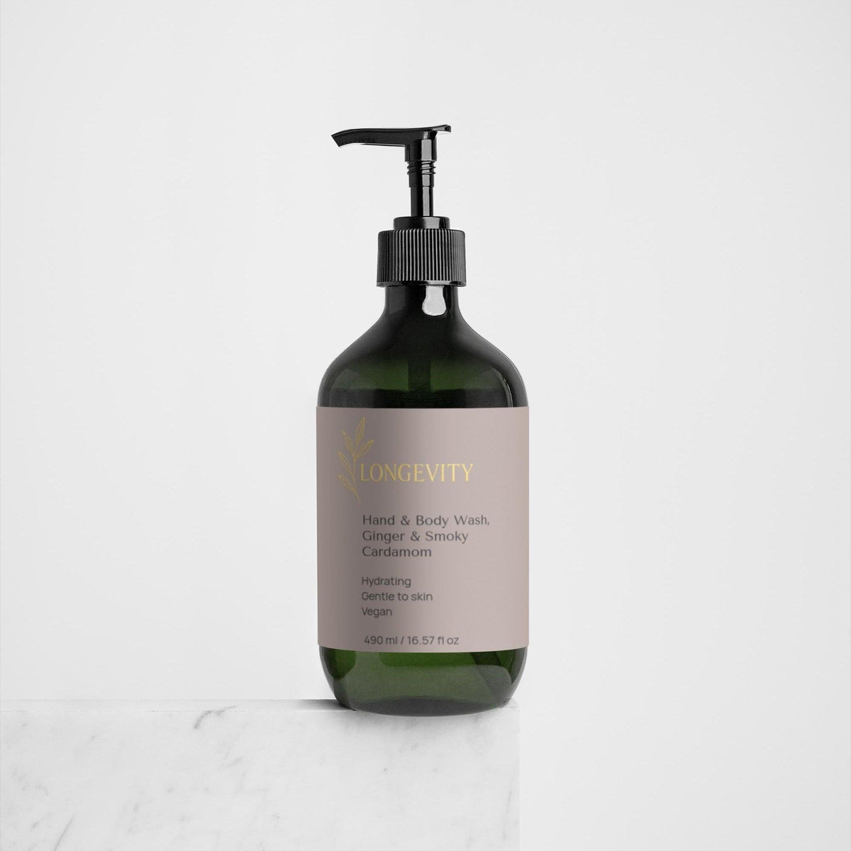 SELNAME Longevity Hand & Body Wash with Ginger and Smoky Cardamom in 490ml bottle, showing the scented liquid and packaging.