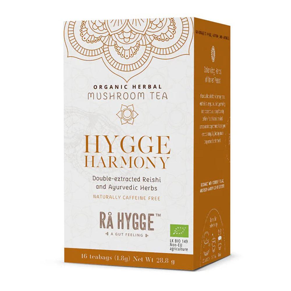 Herbalistas RA Hygge BIO Hygge Harmony herbal tea with Reishi in a box of 16 tea bags, front view showing packaging design.
