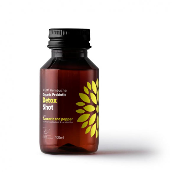 Herbalistas VIGO Kombucha Wellness BIO Shot, DETOX tea in a 100ml bottle, featuring natural ingredients for health support.