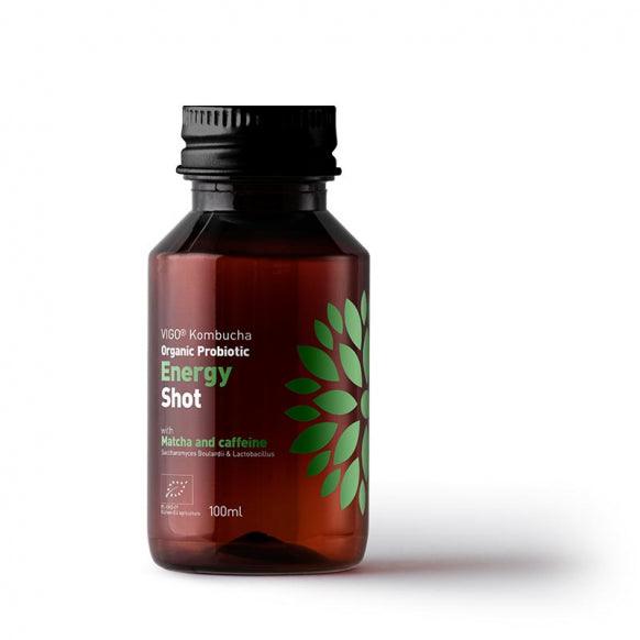 Herbalistas Vigo Kombucha Energy Shot 100ml in a clear glass bottle, showcasing vibrant tea infusion for natural energy boost.