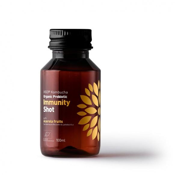 Herbalistas VIGO Kombucha Wellness BIO Shot in a 100ml tea bottle, focused on immunity with natural ingredients.