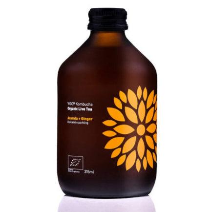 VIGO Kombucha Herbalistas tea with acerola and ginger in a 330ml bottle, featuring vibrant label and fresh ingredients.