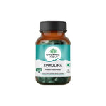 Organic India BIO Spirulina veggie tablets, green supplement with 120 tablets in a clear bottle, natural herbal supplement for health.