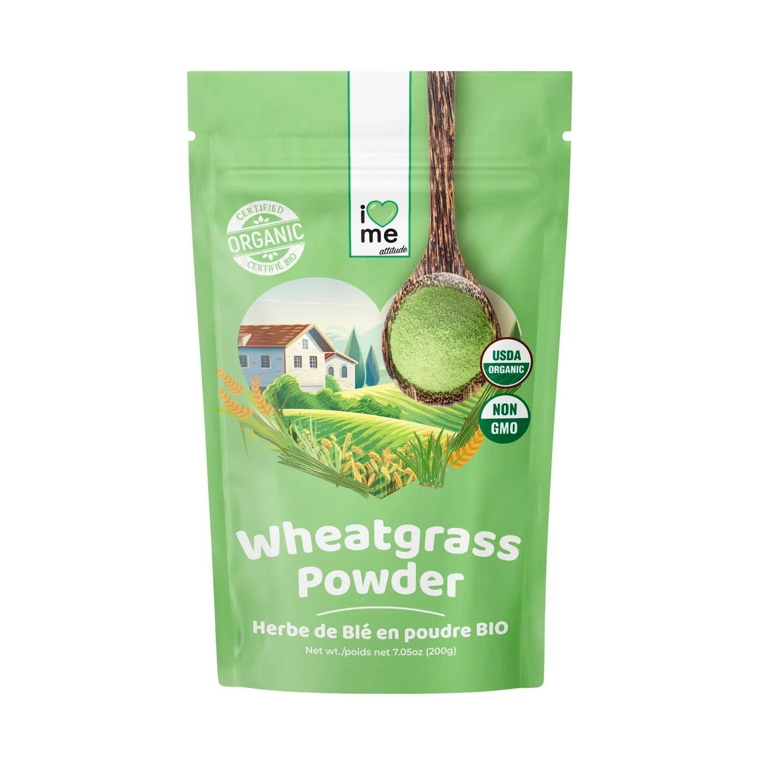 Organic wheatgrass powder by ILOVEME in a 200g package, featuring fresh green wheatgrass in a natural, eco-friendly packaging.