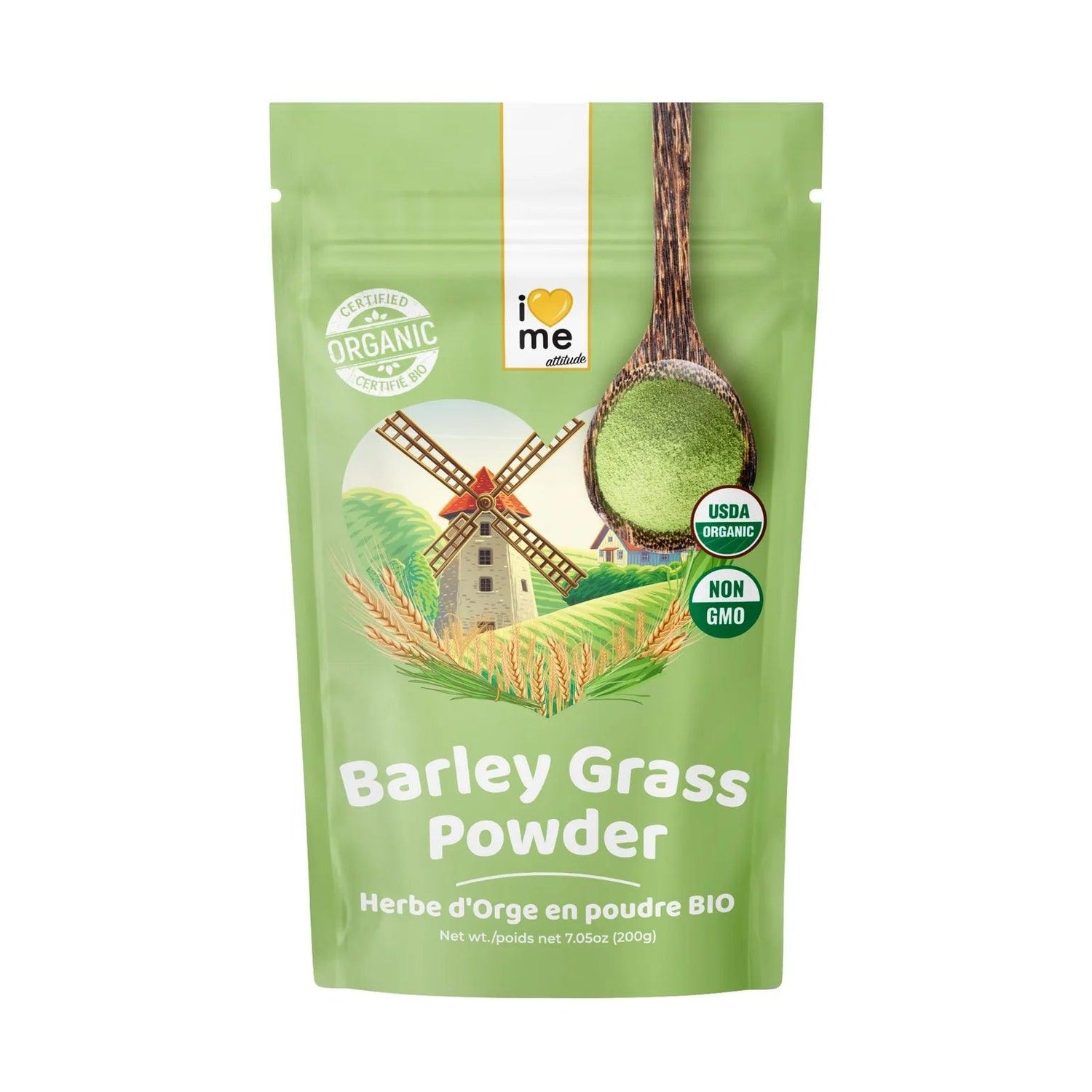 Organic barley grass powder from ILOVEME in a 200g package, green powder with fresh barley grass leaves.